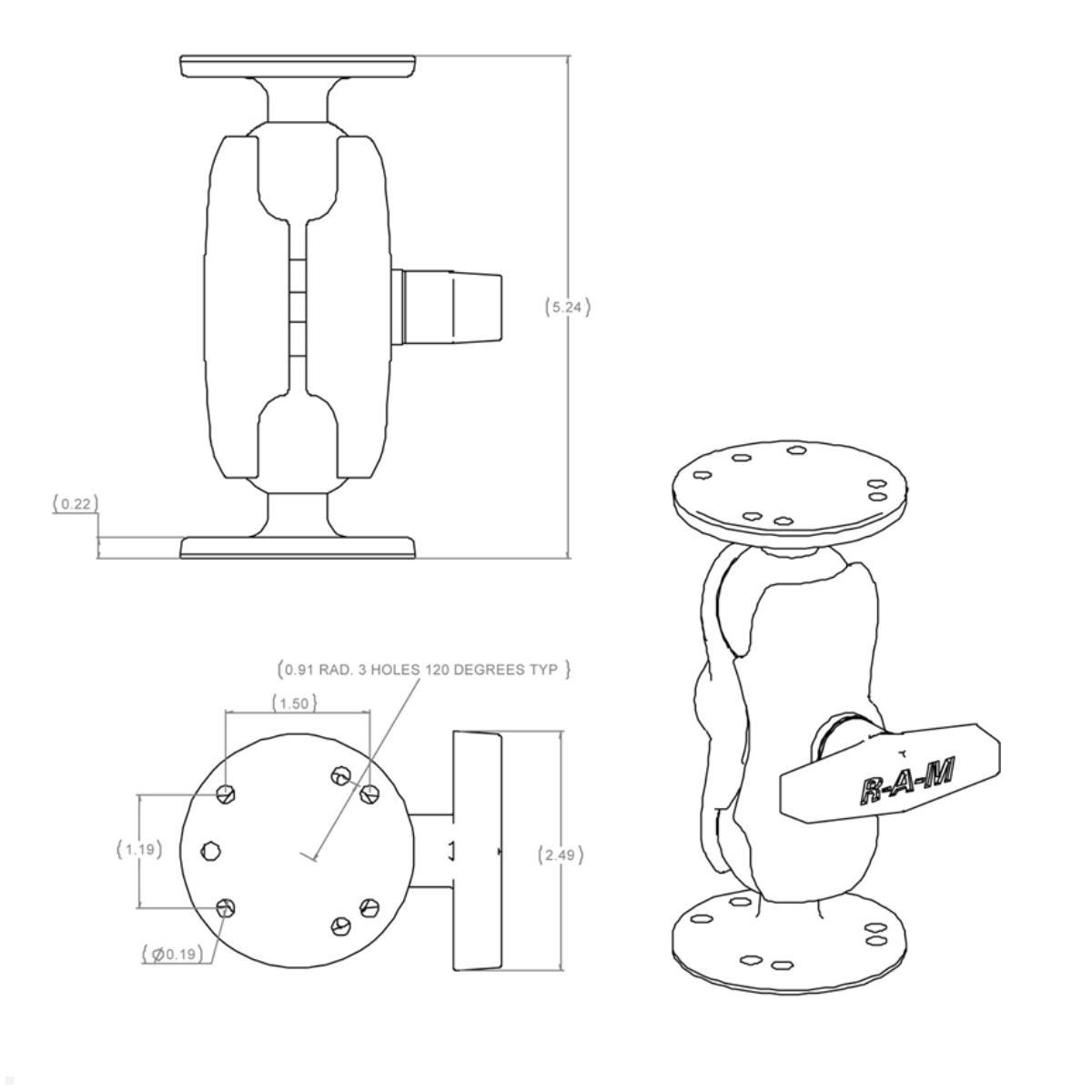 RAM Mounts 2x runde Platte, 1x Arm 90mm mit C-Kugeln (RAM-101U-B), schwarz Zeichnung