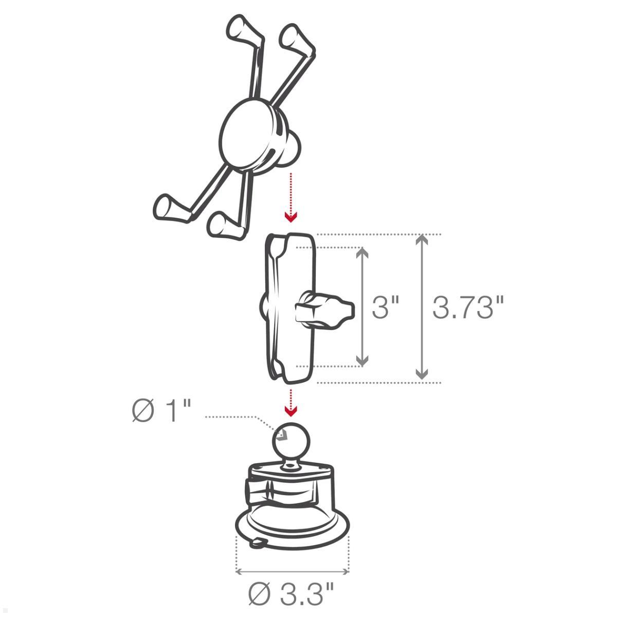 RAM Mounts X-Grip Saugnapf Phablet Halterung mit B-Kugel (RAM-B-166-UN10U), schwarz, technische Zeichnung