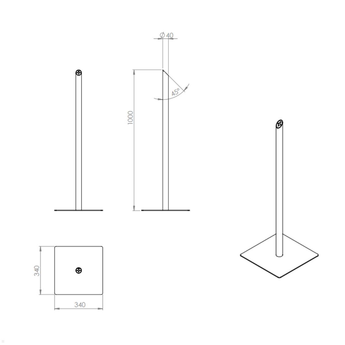 TabLines TBSfix002B Bodenständer mit Universal Tablethalter bis 12.9 Zoll, Zeichnung Maße Ständer