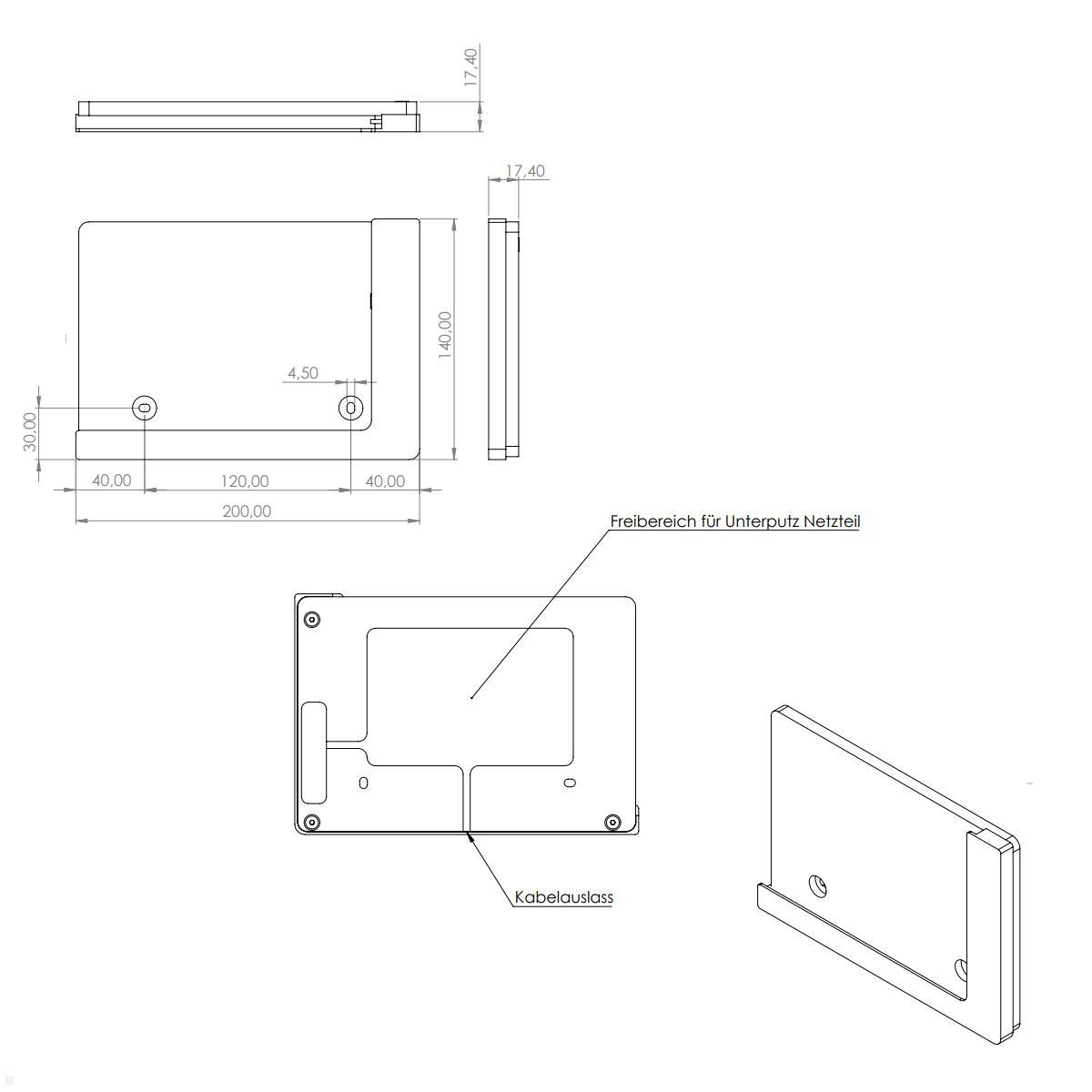 TabLines TWP018B Wandhalterung für Samsung Tab A8 10.5 (2022), schwarz, Zeichnung Maße ohne Tablet