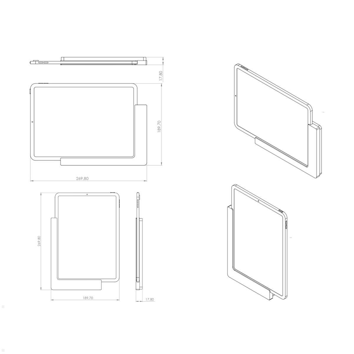 TabLines TWP005S Wandhalterung für iPad Air 4 und 5 10.9, silber, Zeichnung Maße mit Tablet