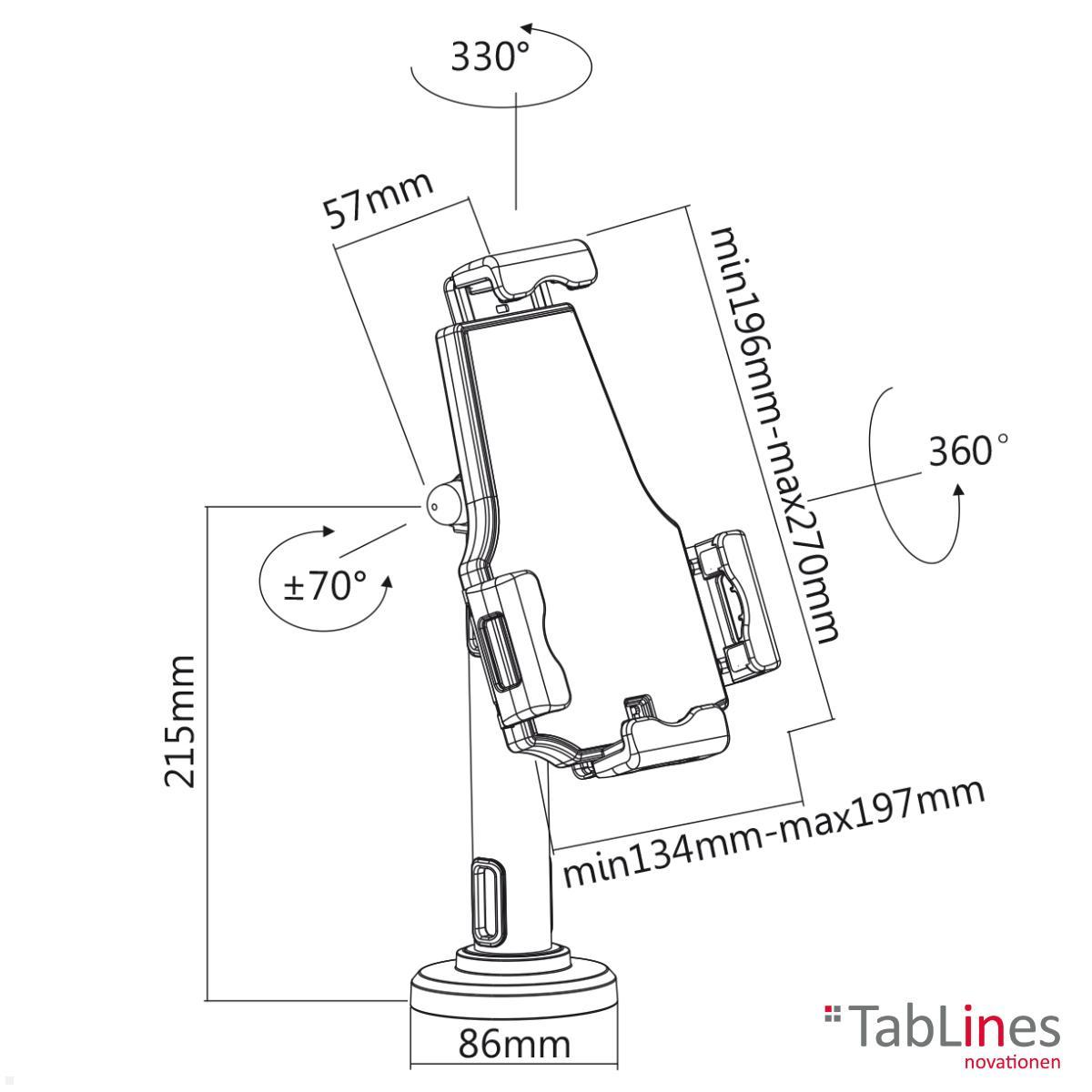 TabLines TTH004B Tablet Tischhalter / Kassenständer bis 10.5 Zoll, DS, schwarz technische Zeichnung