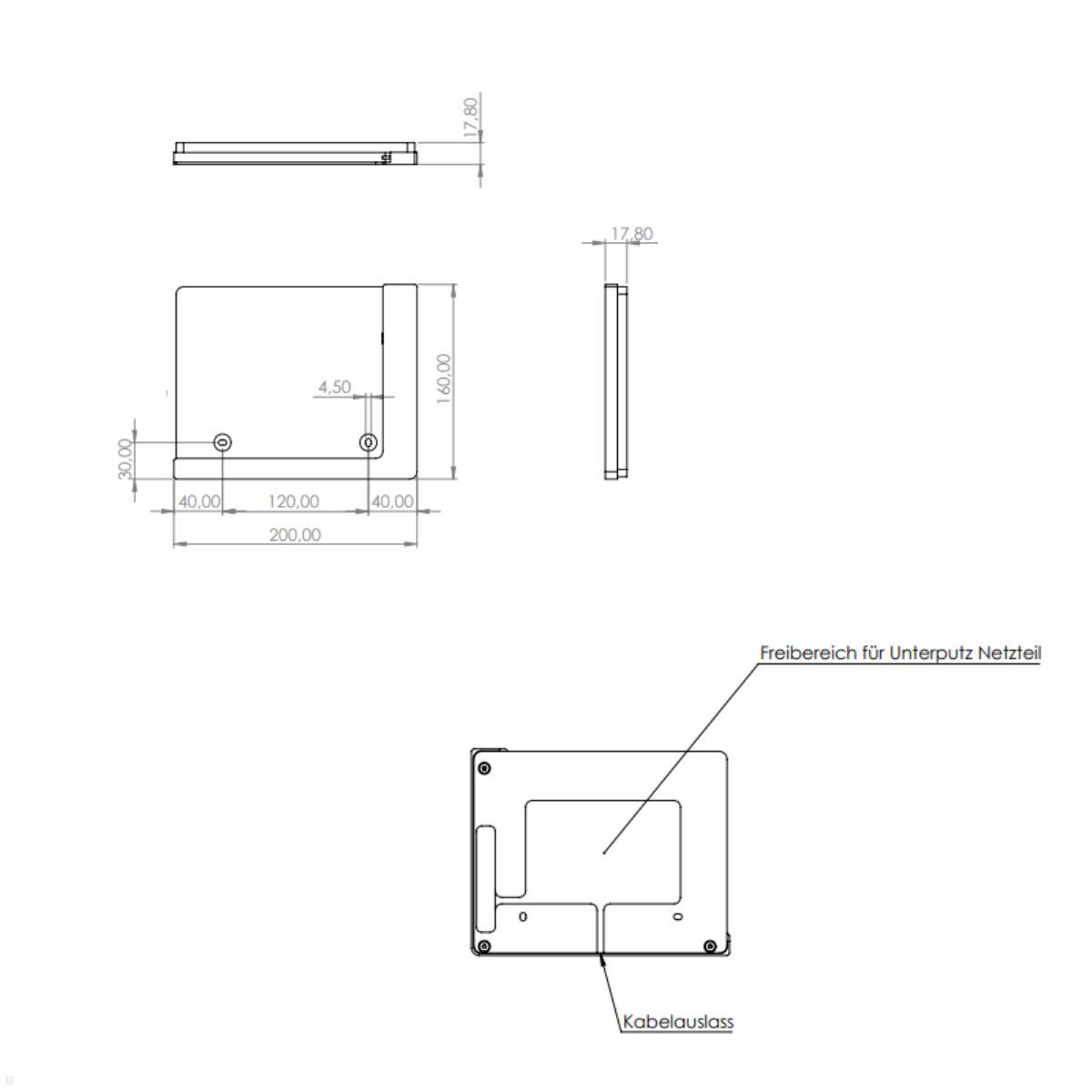 TabLines TWP031W Wandhalterung für Samsung Tab S9 Ultra 14.6, weiß, Zeichnung Maße ohne Tablet