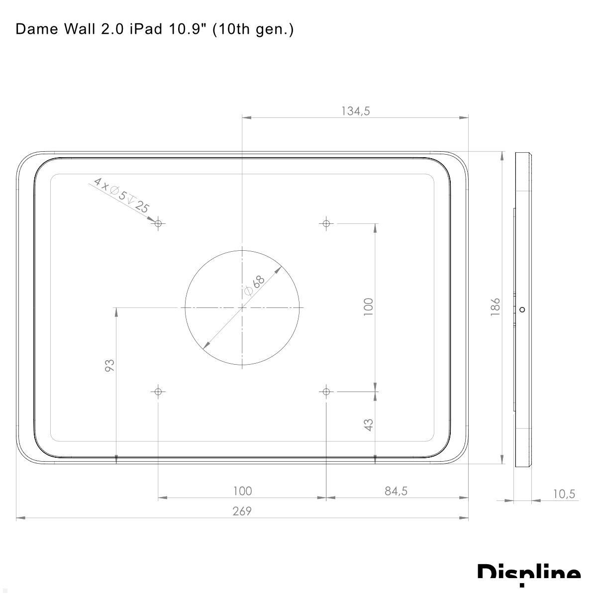 Displine Dame Wall 2.0 Wandhalter Apple iPad 10.9 (10. Gen.) mit USB-C, Gold eloxiert technische Zeichnung