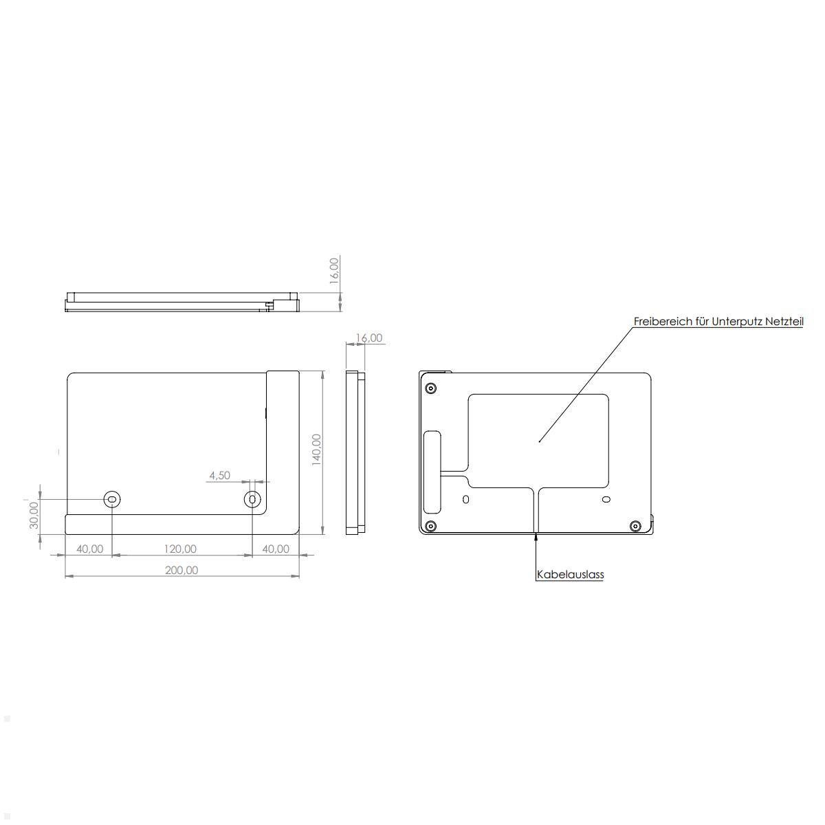 TabLines TWP021B Wandhalterung für Samsung Tab S8+ 12.4, schwarz, Zeichnung Maße ohne Tablet