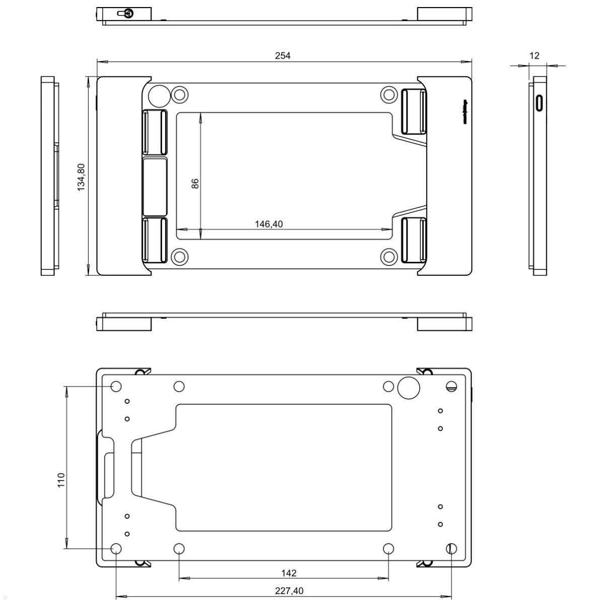 smart things sDock Fix A8 Apple iPad Mini 6 8.3 Wandhalterung, silber, technische Zeichnung