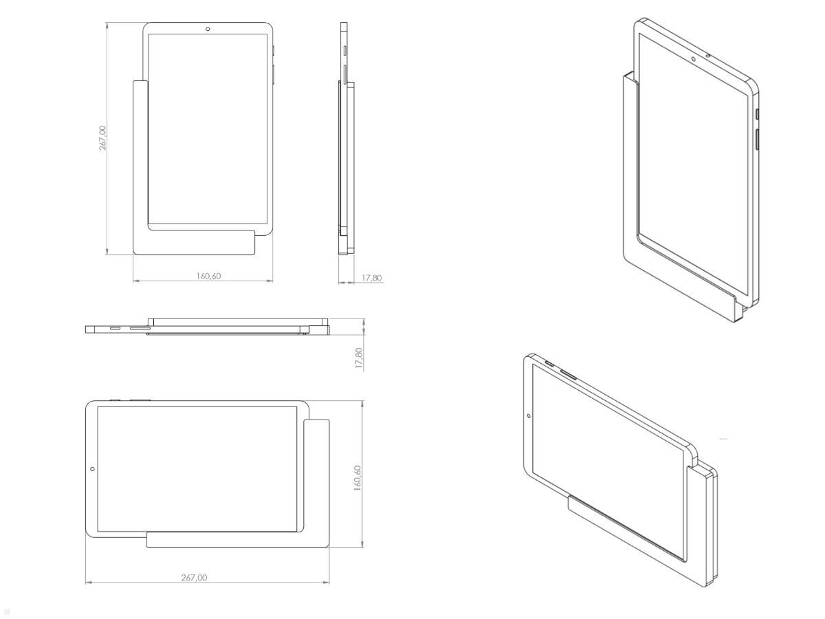 TabLines TWP002S Tablet Wandhalter für Samsung Tab A 10.1 (2019), silber, Zeichnung Maße mit Tablet