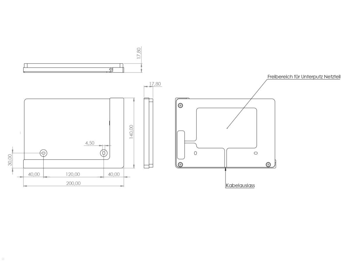 TabLines TWP002S Tablet Wandhalter für Samsung Tab A 10.1 (2019), silber, Zeichnung Maße Installation