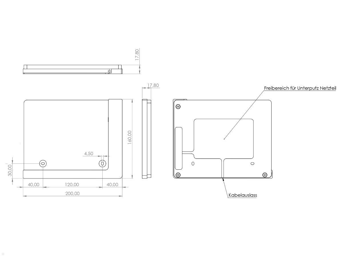 TabLines TWP006W Wandhalterung für iPad Pro 12.9 (3./4.Gen.), weiß, Zeichnung Maße Installation