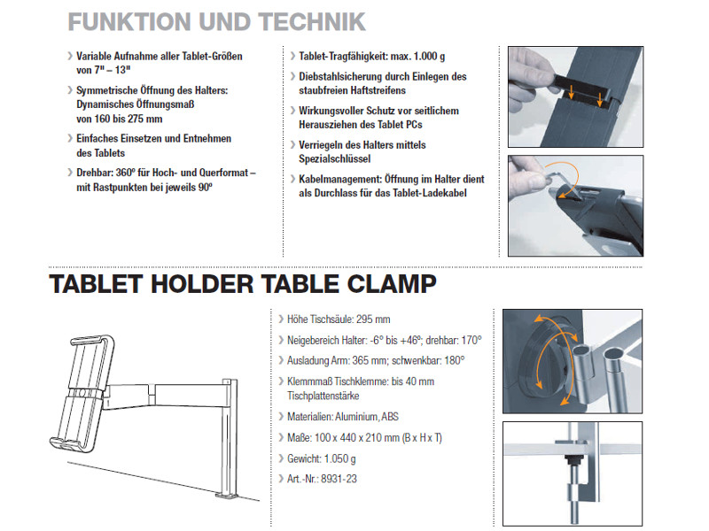 Durable 8931 Tablet Holder Table Clamp Funktionen