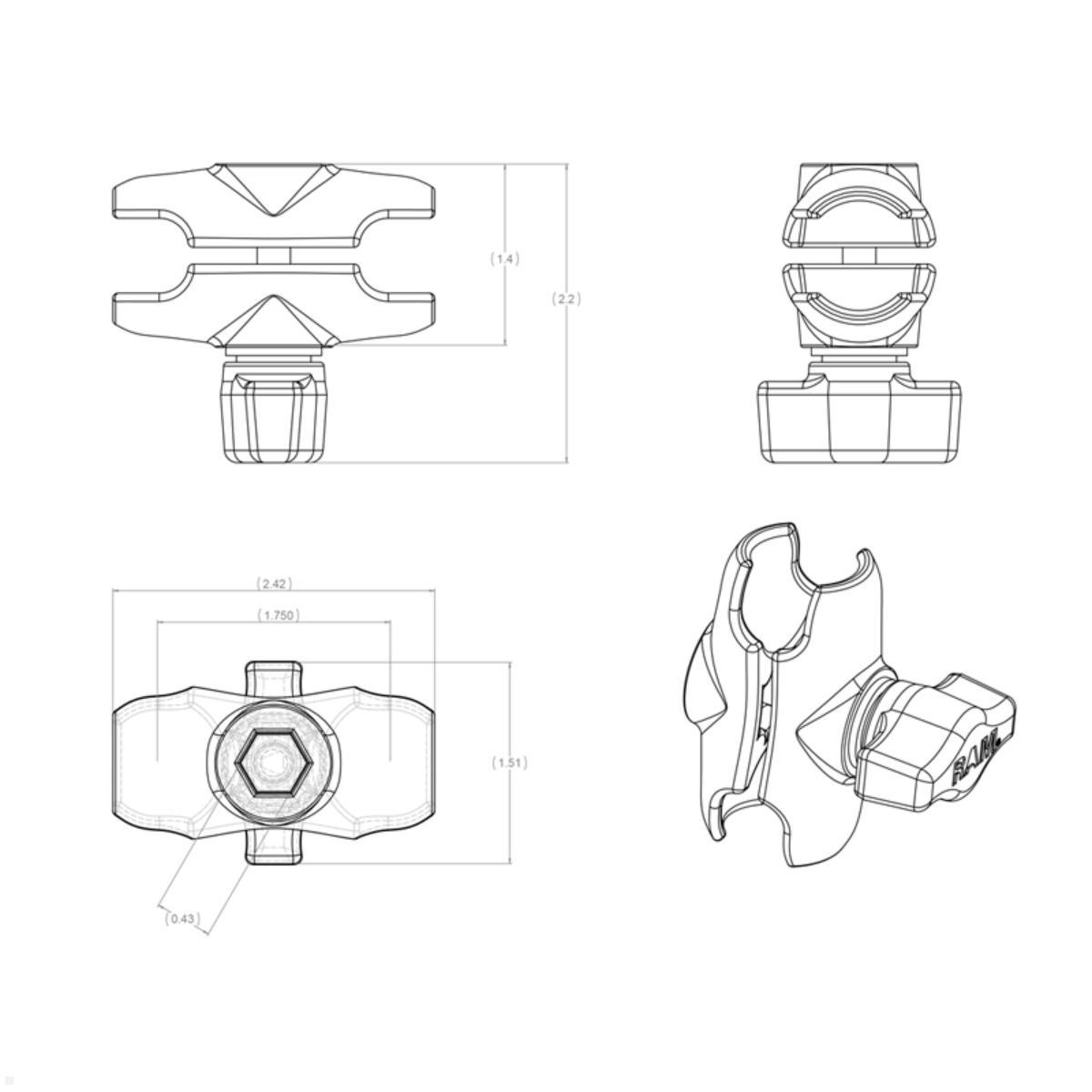 RAM Mounts Verbindungsarm kurz für B-Kugeln 1 Zoll (RAM-B-201U-A), Zeichnung Maße