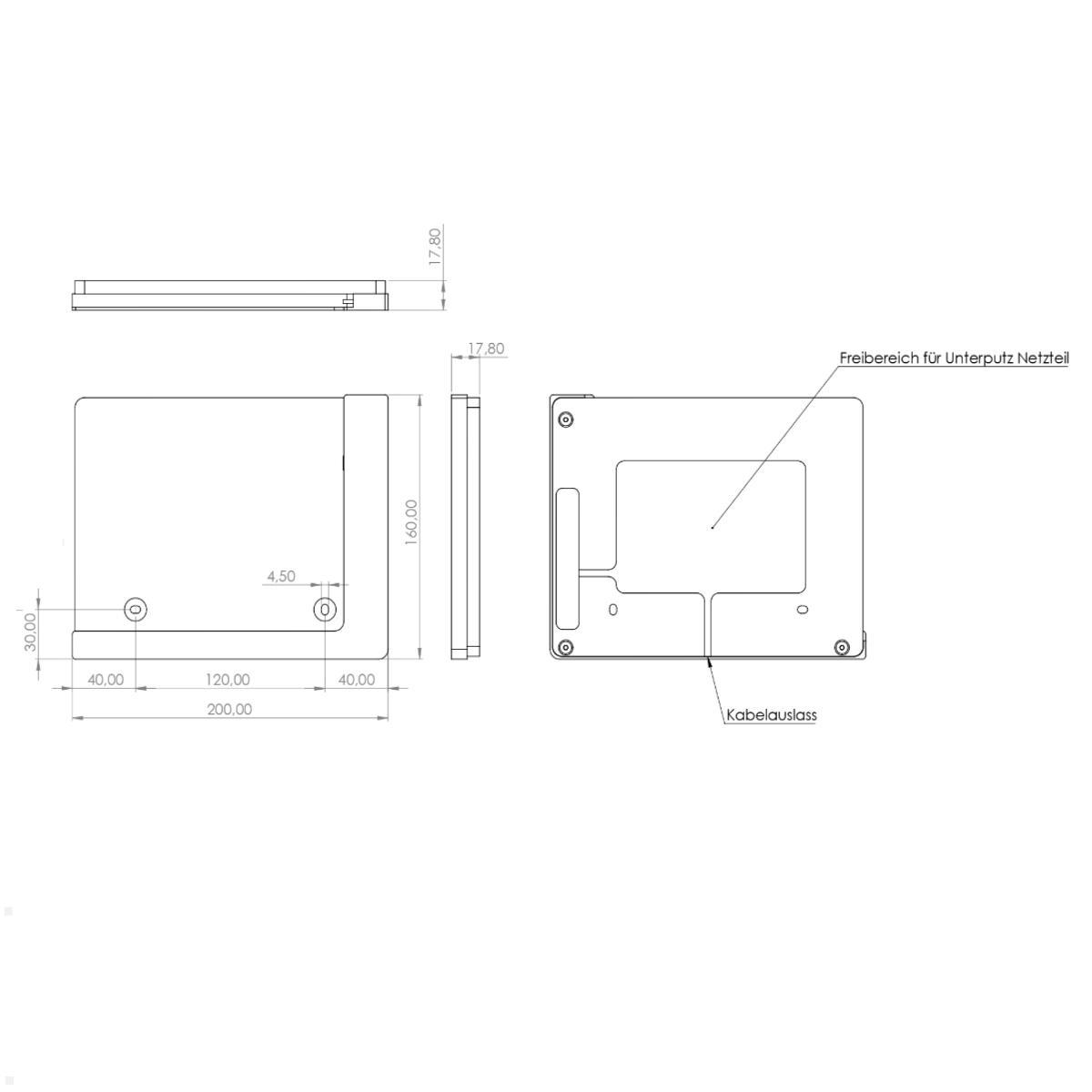 TabLines TWP020W Wandhalterung für Samsung Tab S8 11.0 (2022), weiß, Zeichnung Maße ohne Tablet