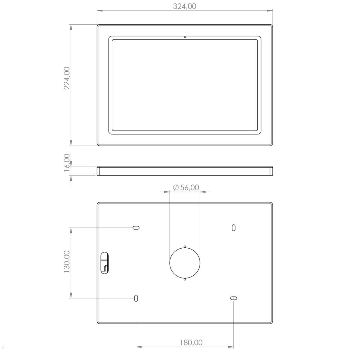 TabLines TWH038B Tablet Wandhalterung für Samsung Tab S7+ 12.4, schwarz, technische Zeichnung