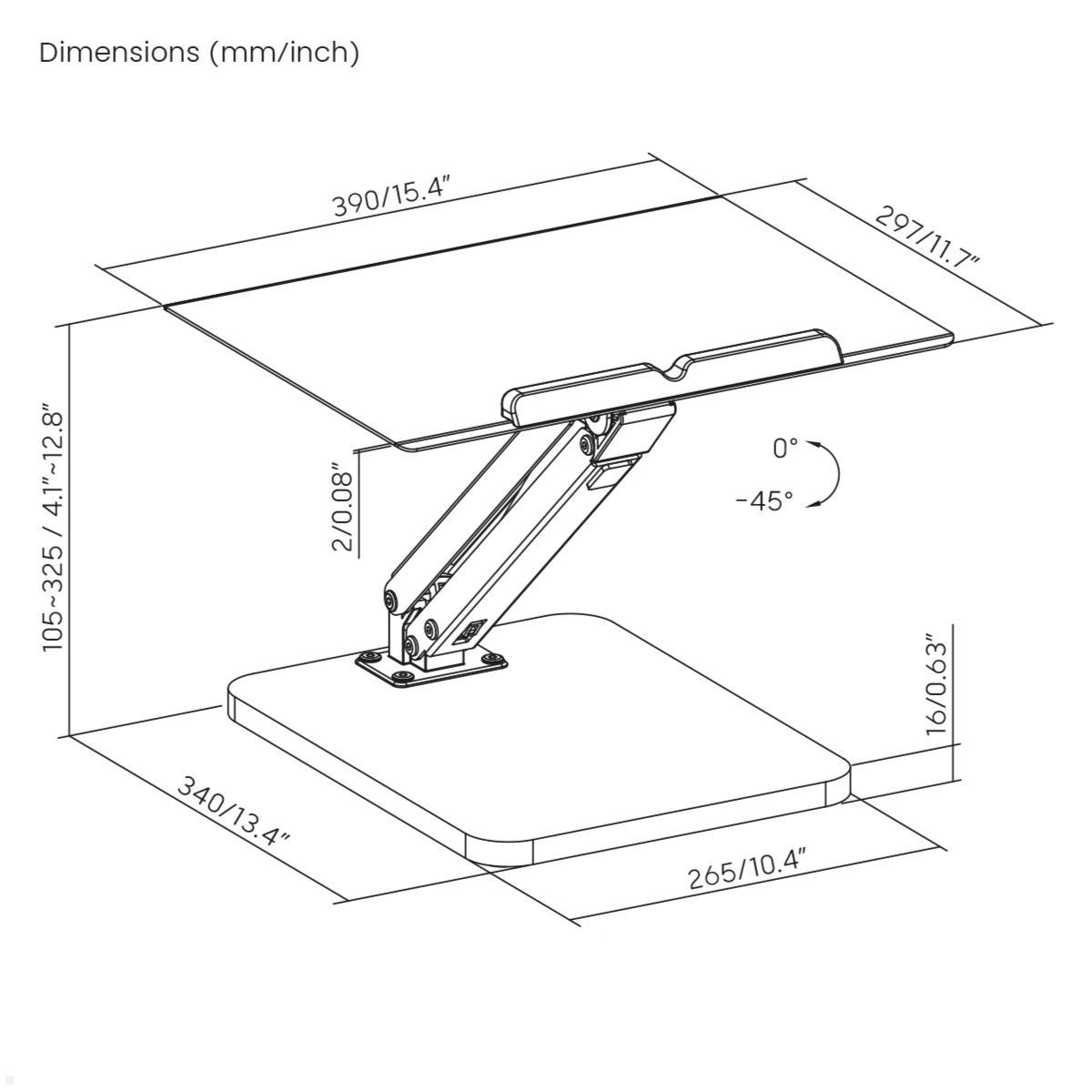 TecLines TNH003 Laptop / Tablet Tischständer höhenverstellbar, schwarz technische Zeichnung