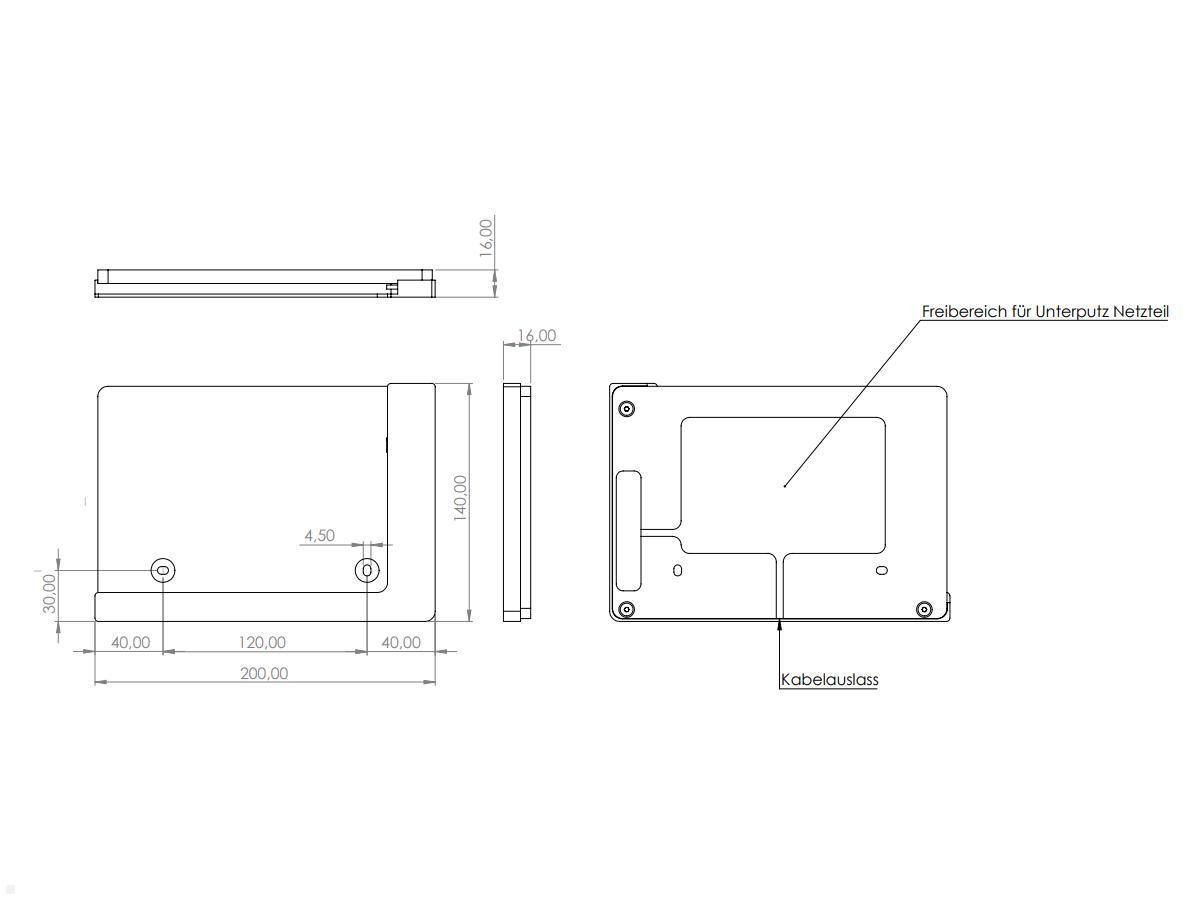 TabLines TWP008S Wandhalterung für Samsung Tab S7+ 12.4, silber, Zeichnung Maße Installation