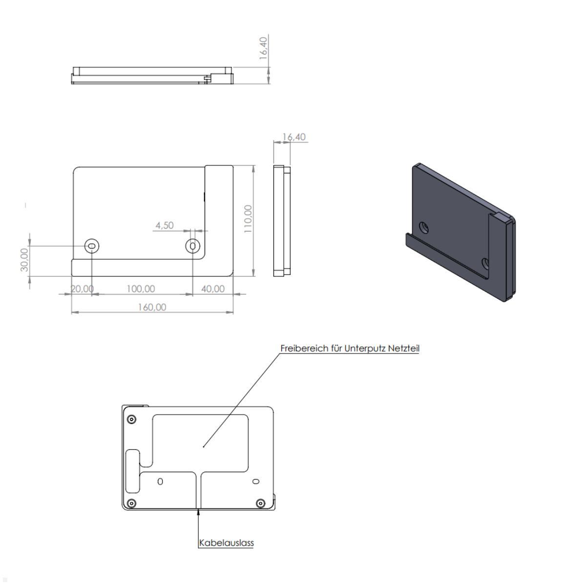 TabLines TWP019S Wandhalterung für Apple iPad Mini 6 (2021), silber, Zeichnung Maße ohne Tablet