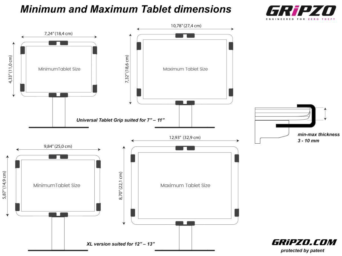 Gripzo Tablet Halterung diebstahlsicher neigbar 7-11 Zoll, weiß Abmessungen