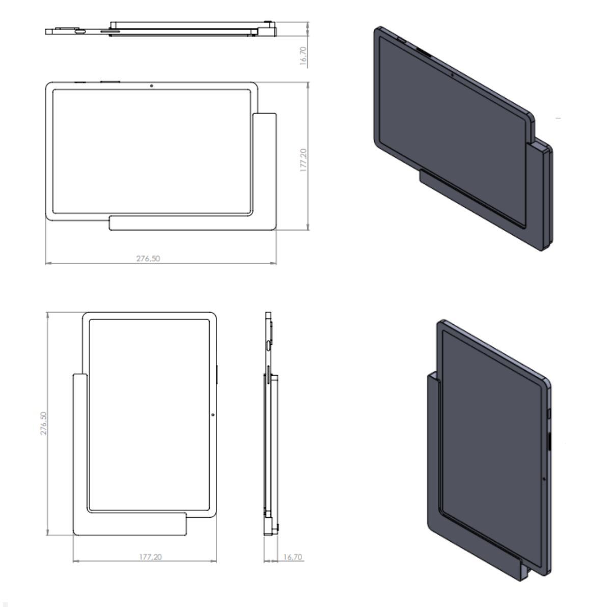 TabLines TWP029W Wandhalterung für Samsung Tab S9 11.0, weiß, Zeichnung Maße mit Tablet