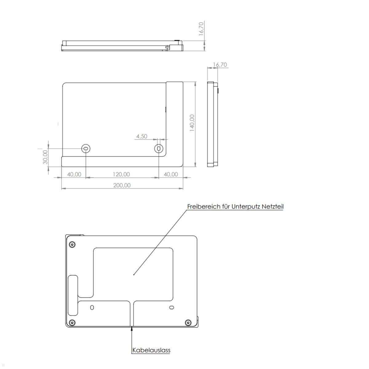 TabLines TWP029B Wandhalterung für Samsung Tab S9 11.0, schwarz, Zeichnung Maße ohne Tablet