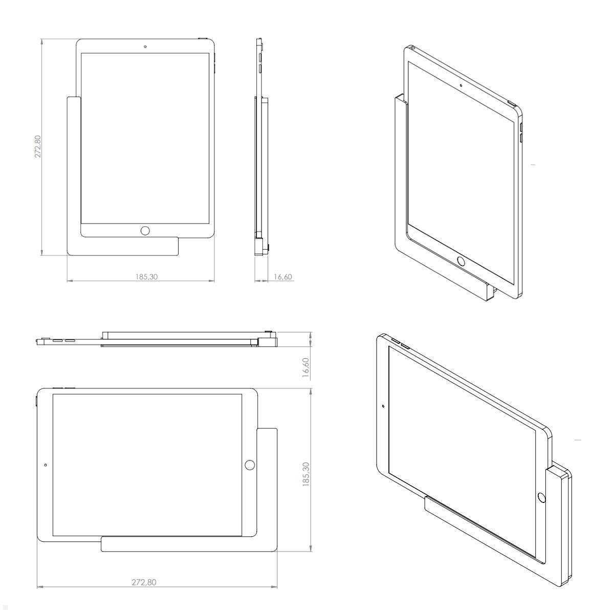 TabLines TWP016B Wandhalterung für Apple iPad Pro 10.5 (2017), schwarz, Zeichnung Maße mit Tablet