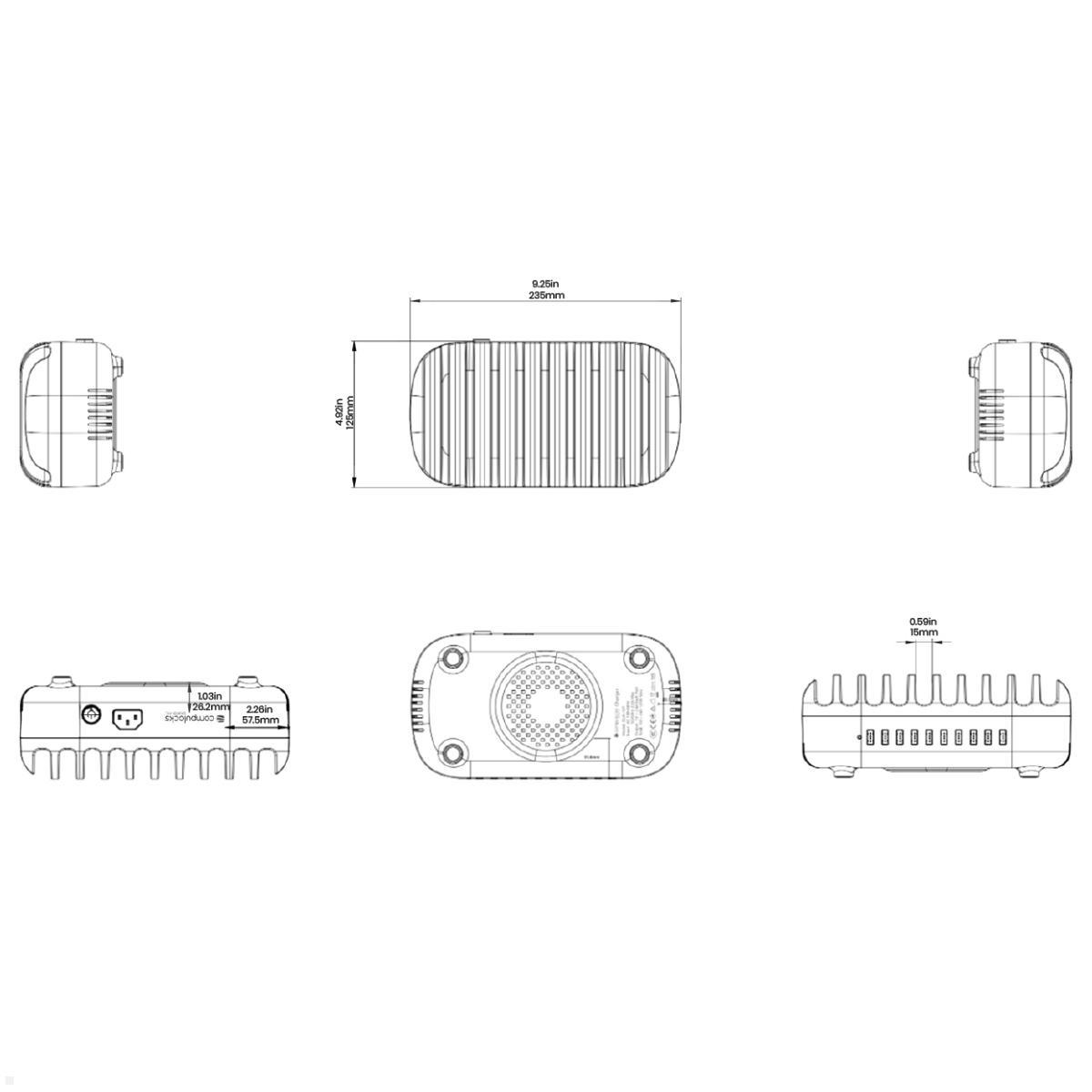 Compulocks Tablet / Smartphone Ladestation 10 Geräte (10PUSBDKS-EU), technische Zeichnung