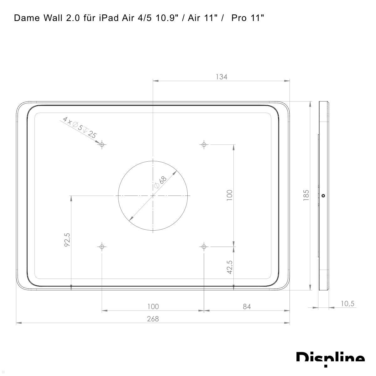 Displine Dame Wall 2.0 Wandhalter Apple iPad Air 4/5 (10.9) und Pro 11, silber eloxiert technische Zeichnung