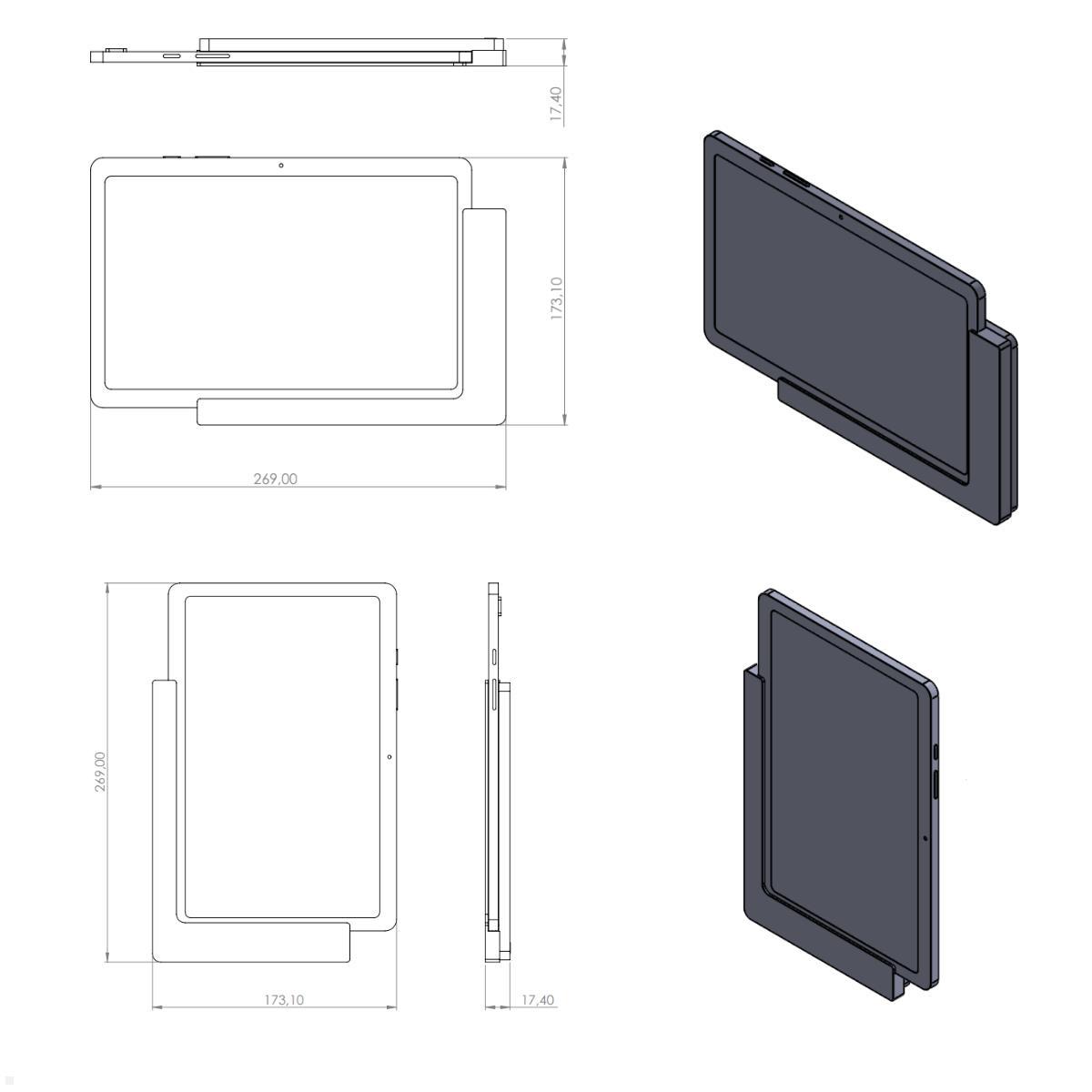 TabLines TWP018W Wandhalterung für Samsung Tab A8 10.5 (2022), weiß, Zeichnung Maße mit Tablet (nicht enthalten)