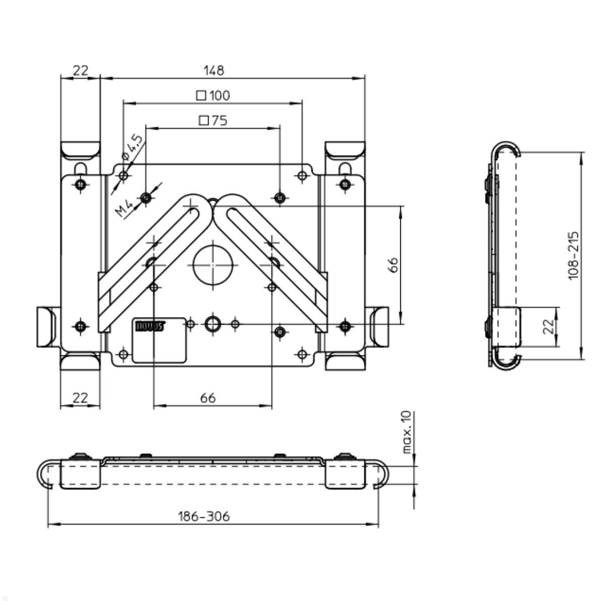 TabLines TBSfix001B Bodenständer mit Universal Tablethalter bis 11 Zoll, Zeichnung Maße Halter