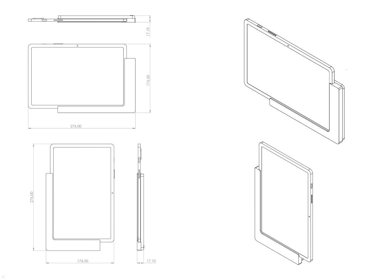 TabLines TWP007W Wandhalterung für Samsung Tab S7 11.0, weiß, Zeichnung Maße mit Tablet