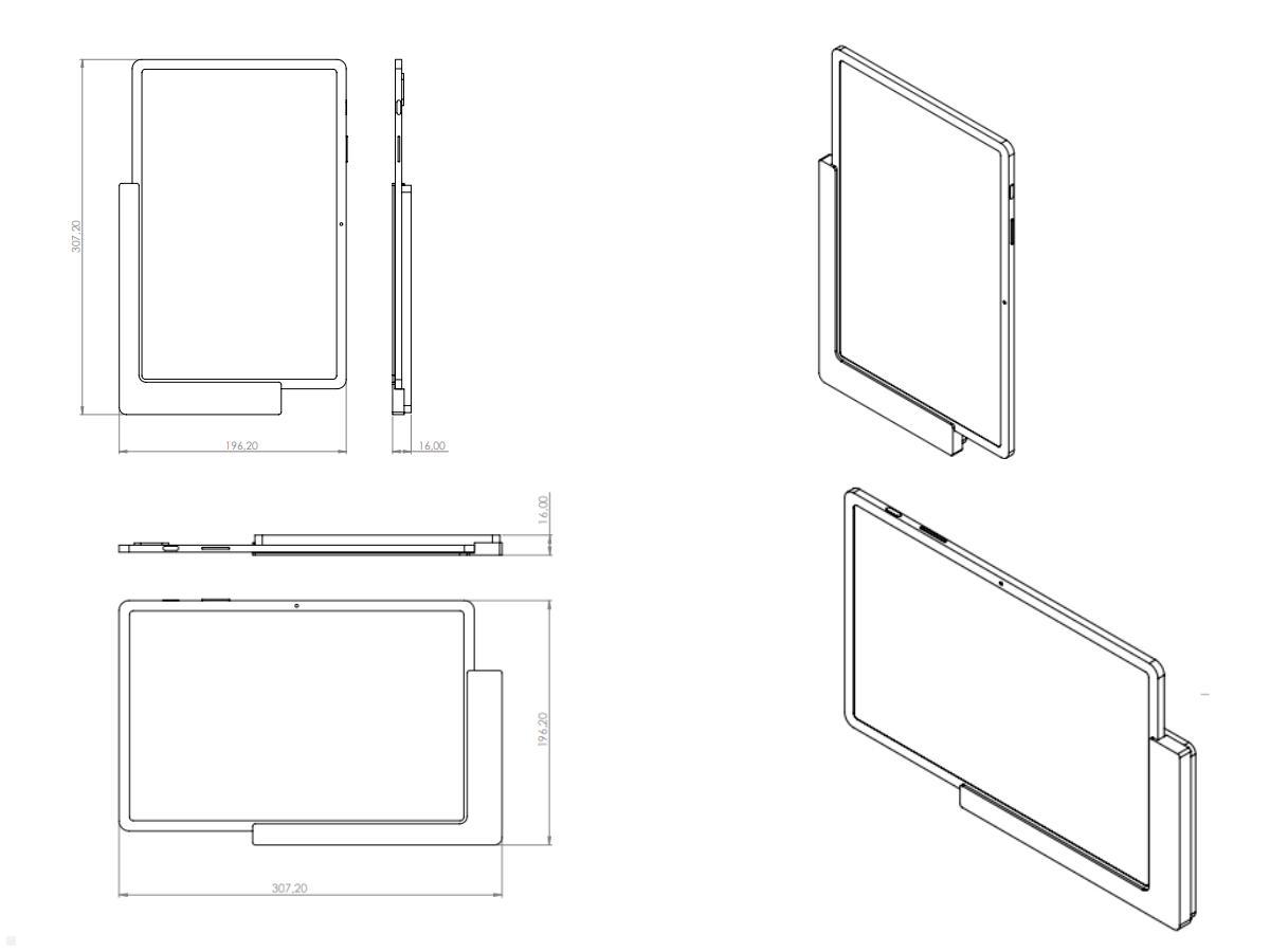 TabLines TWP008S Wandhalterung für Samsung Tab S7+ 12.4, silber, Zeichnung Maße mit Tablet