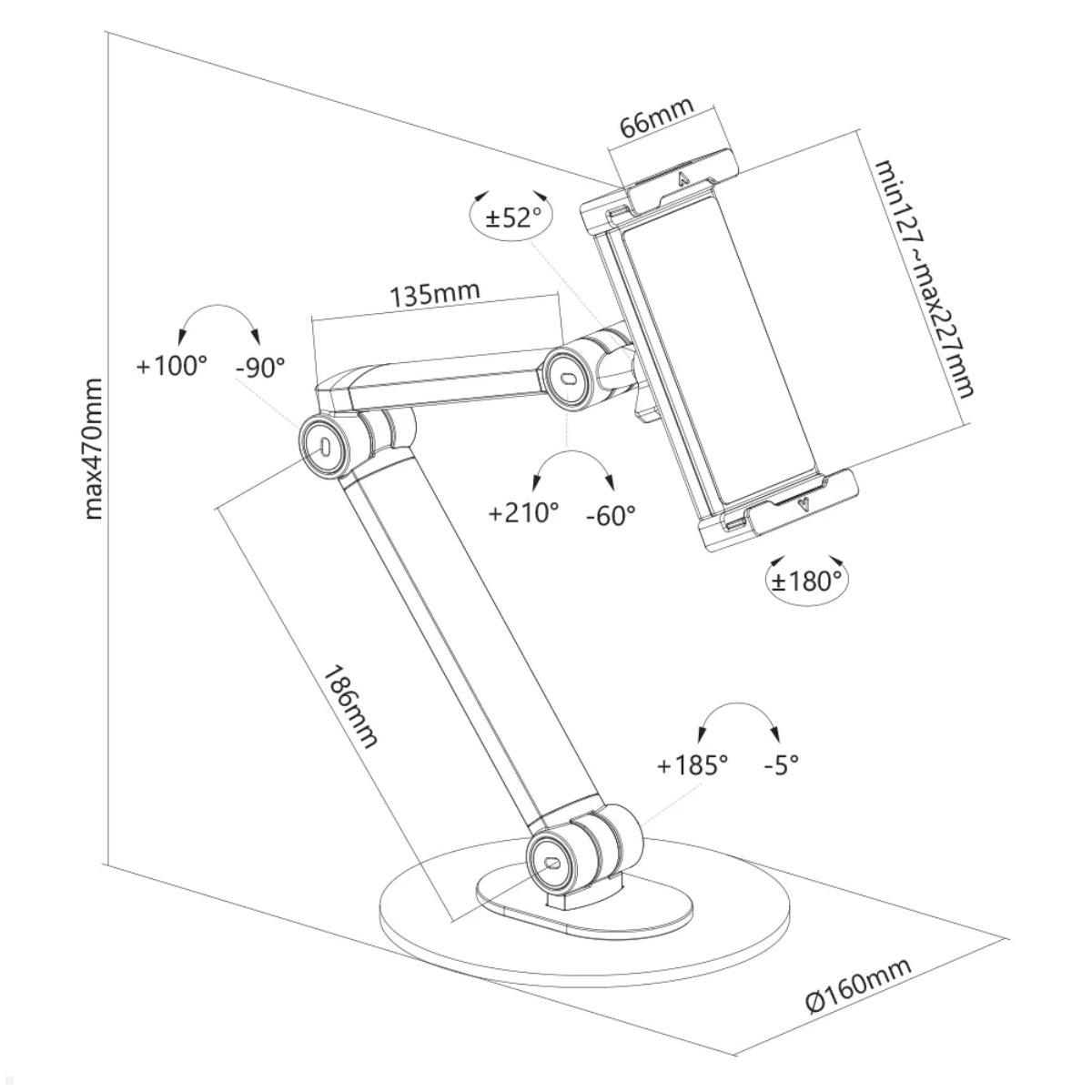 Neomounts Tablet Tischständer bis 12,9 Zoll 3 Drehpunkte, schwarz, technische Zeichnung