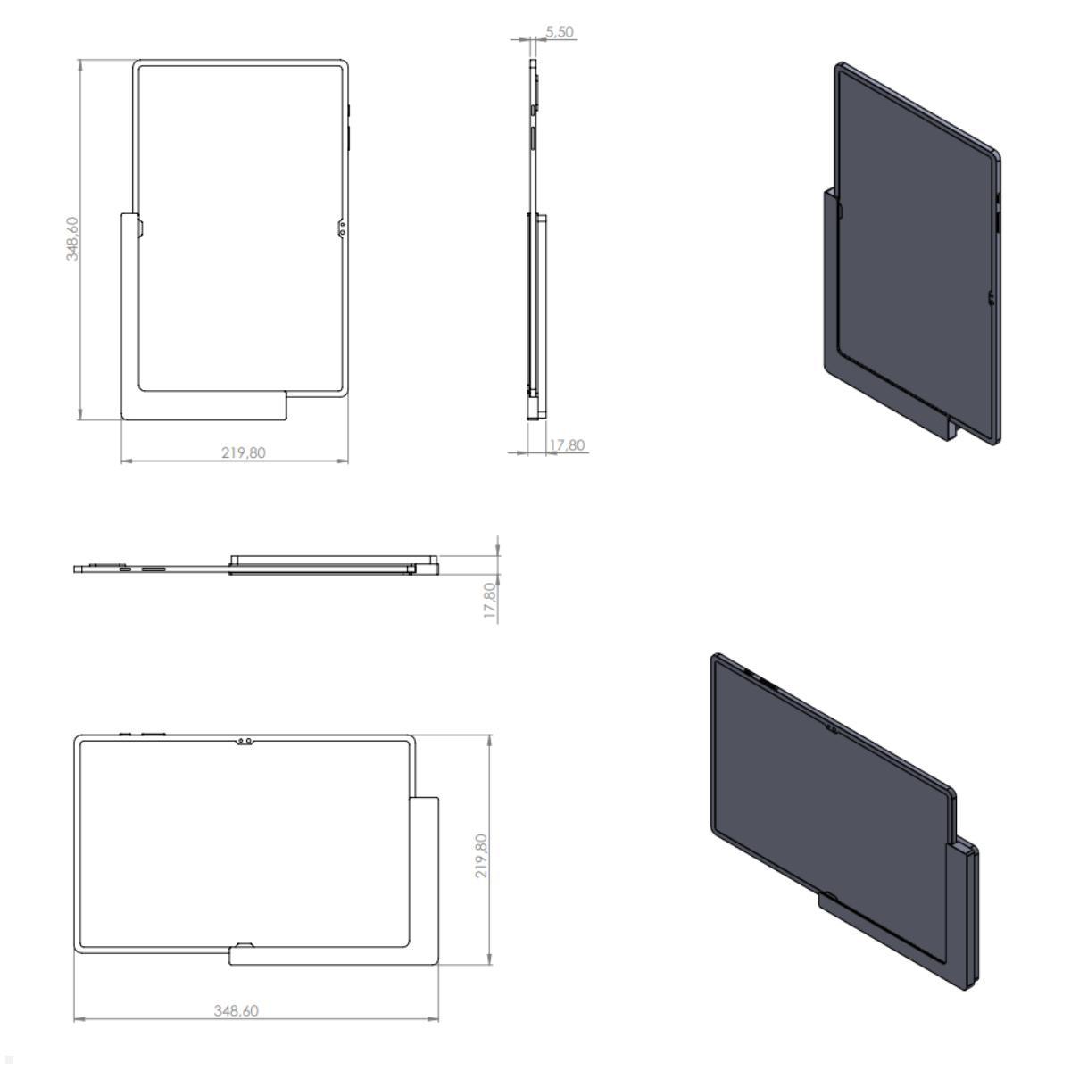 TabLines TWP031B Wandhalterung für Samsung Tab S9 Ultra 14.6, schwarz, Zeichnung Maße mit Tablet