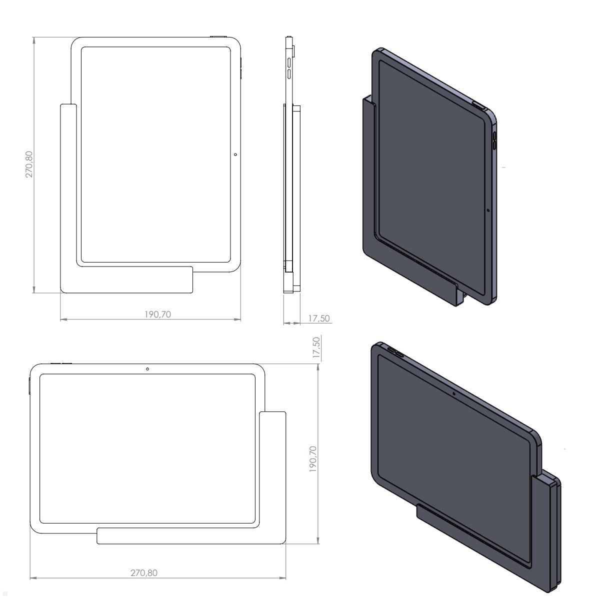 TabLines TWP027B Wandhalterung für Apple iPad 10.9 (10. Gen.), schwarz, Zeichnung Maße