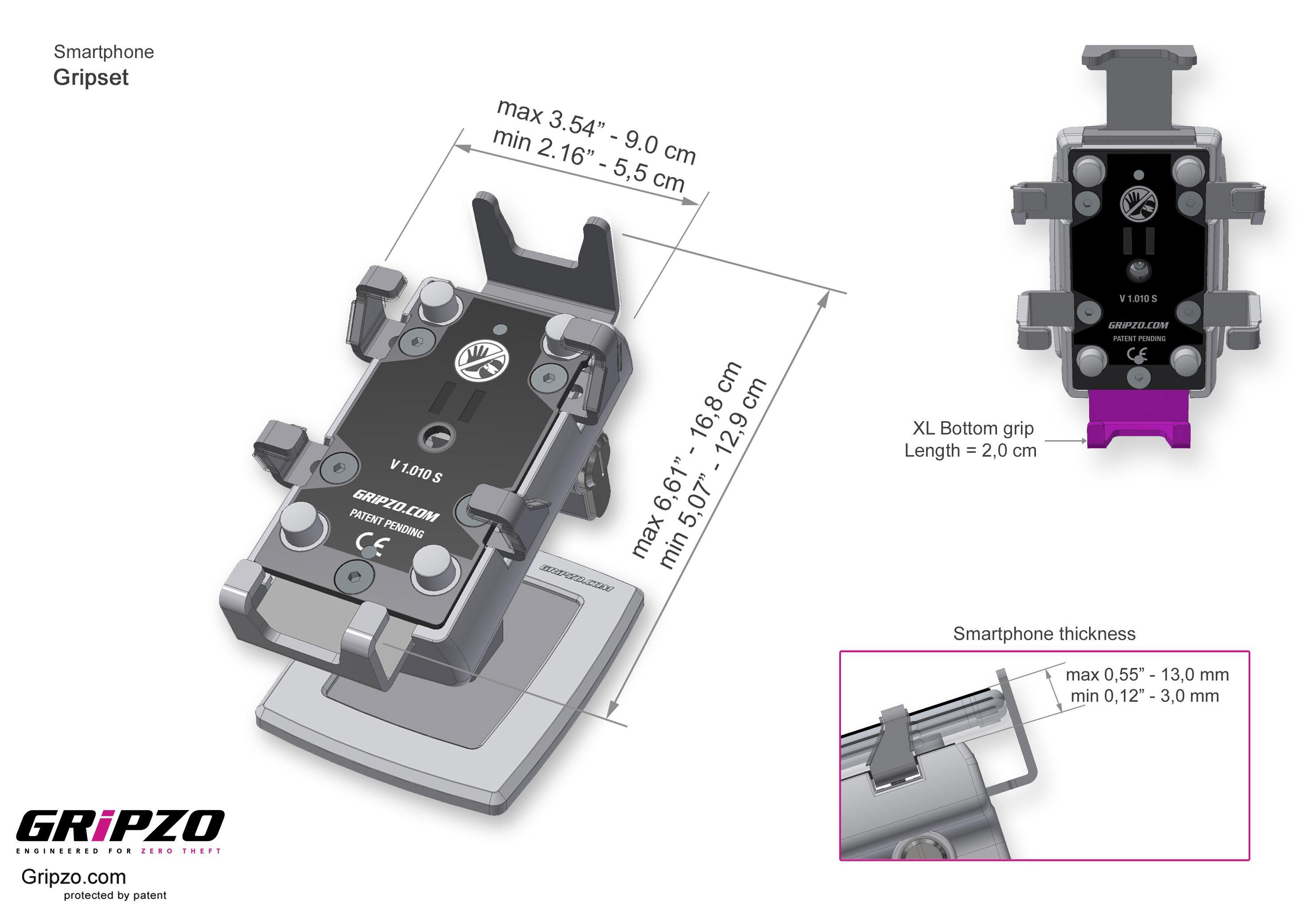 Gripzo Smartphone Tischhalterung XL für iPhone 6,7,8, X, weiß Anwendungsbeispiel Maße