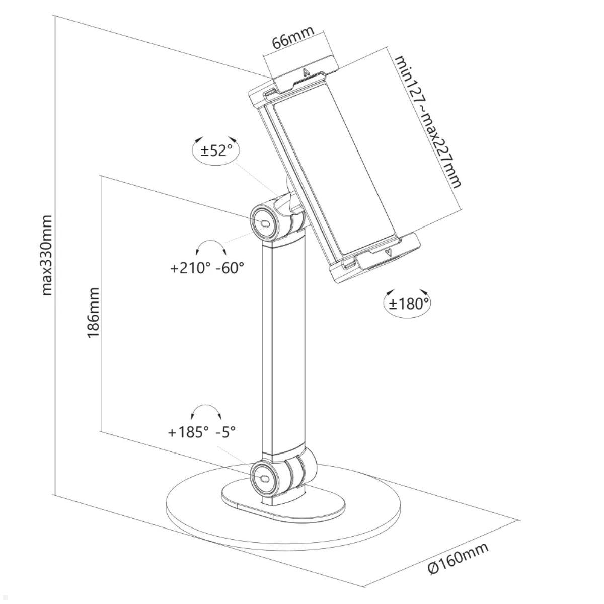 Neomounts Tablet Tischständer bis 12,9 Zoll 2 Drehpunkte, weiß, technische Zeichnung