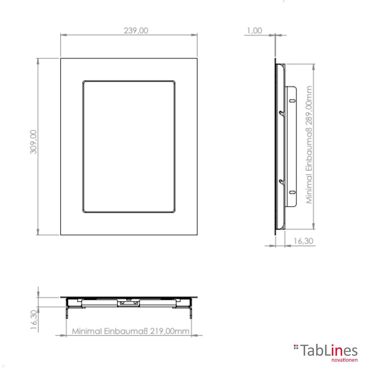 TabLines TWE108E Tablet Wandeinbau für Apple iPad 10.9 (10. Gen.), Edelstahl technische Zeichnung