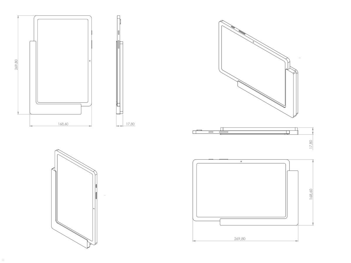 TabLines TWP001B Tablet Wandhalter für Samsung Tab A7 10.4 (2020), schwarz, Zeichnung Maße mit Tablet