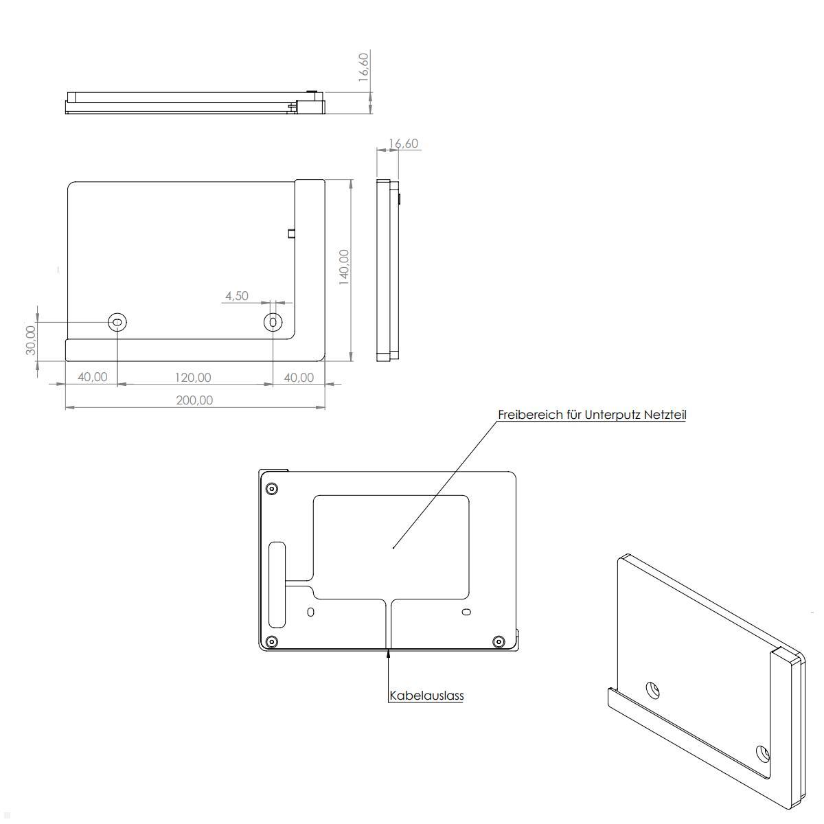 TabLines TWP015W Wandhalterung für Apple iPad Air 3 10.5 (2019), weiß, Zeichnung Maße ohne Tablet