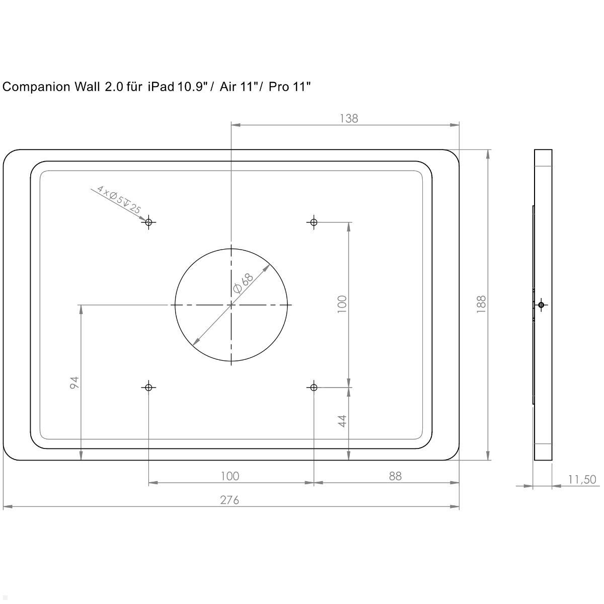 Displine Companion Wall 2.0 Wandhalter für Apple iPad 10.9 / 11, schwarz, technische Zeichnung